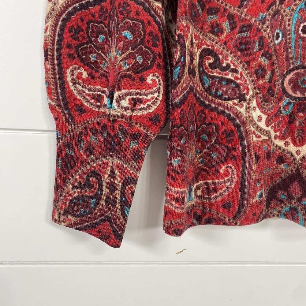 Talbots Sweater Womens Petite Red Paisley 100% Merino Wool LongSleeve Southwest - Picture 2 of 11